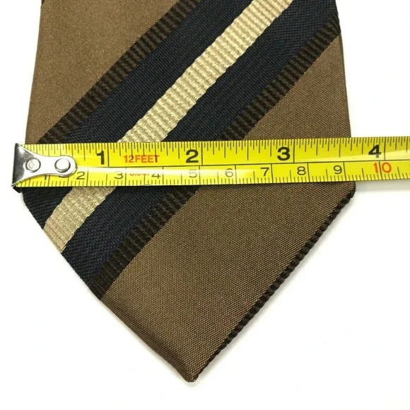 Corneliani Tie Brown Beige Navy Blue Striped 100% Silk Italian Necktie - Picture 10 of 11